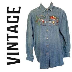 BUSHWACKER Denim Shirt, w/Embroidered Outdoor Ice Skating Party Scene Sz…